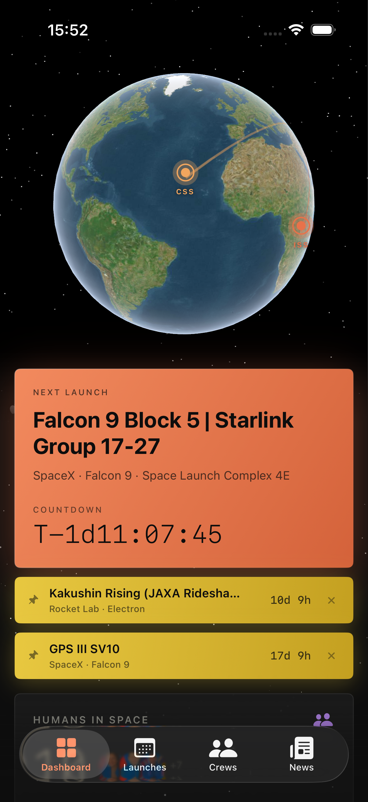 Astro Tracker dashboard with launch list preview on iPhone.