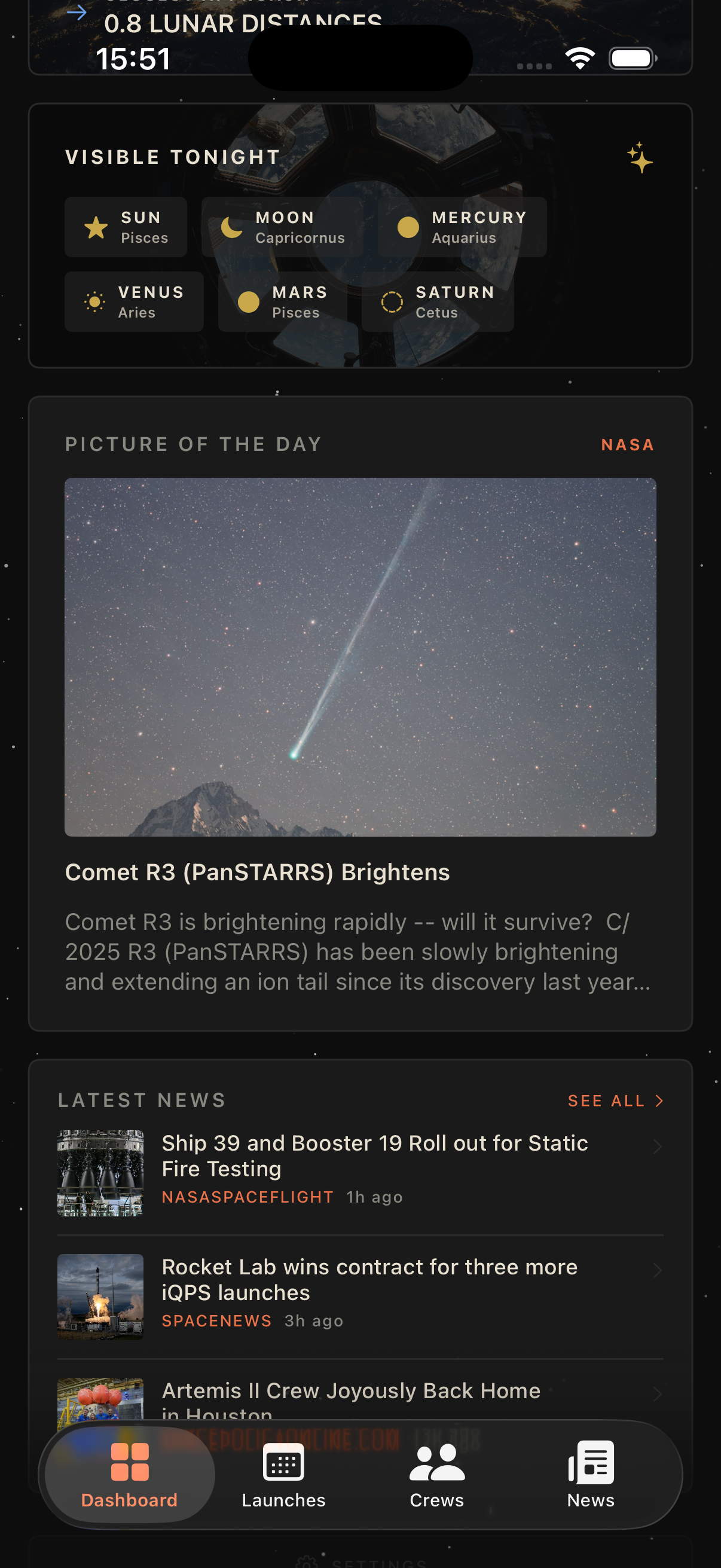 Astro Tracker visible tonight and picture of the day screen on iPhone.