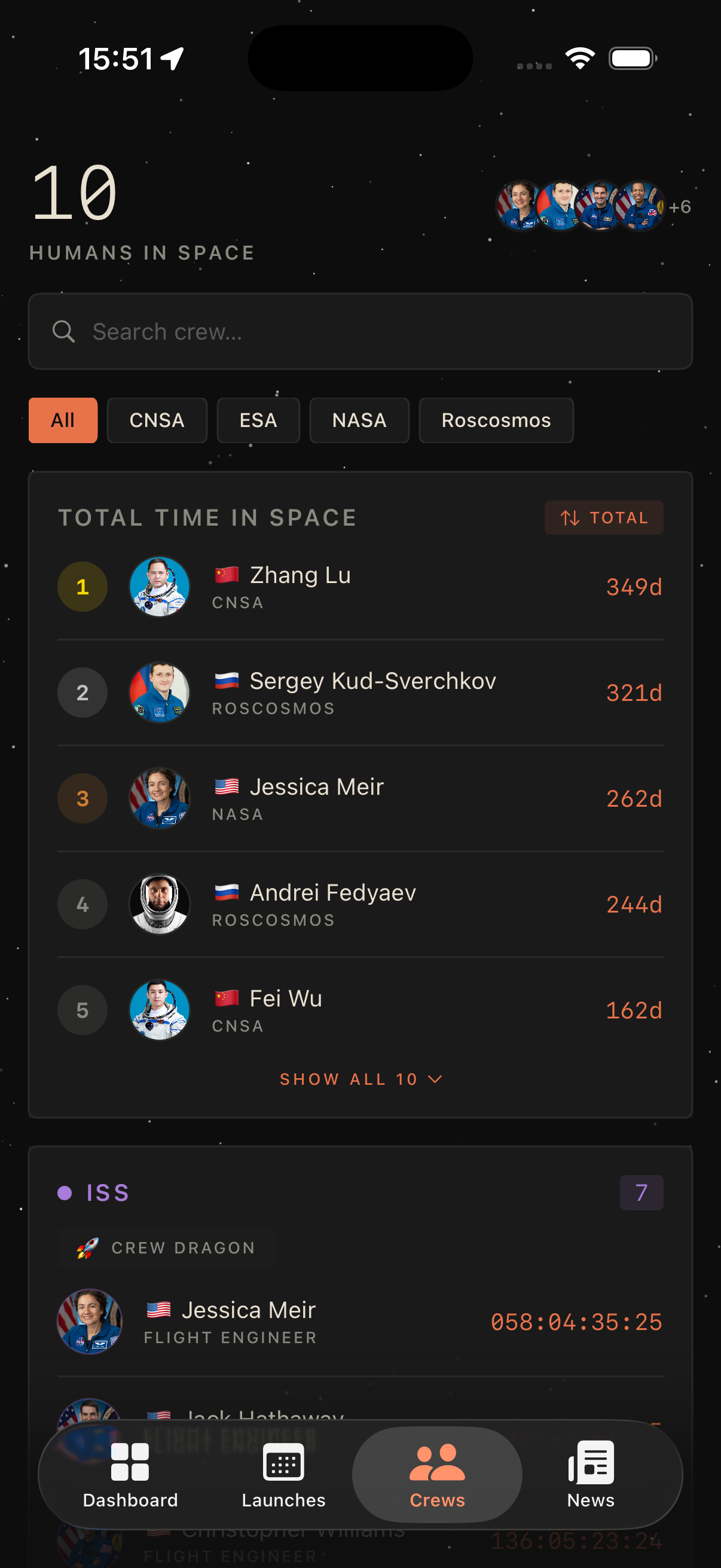 Astro Tracker crews screen on iPhone.