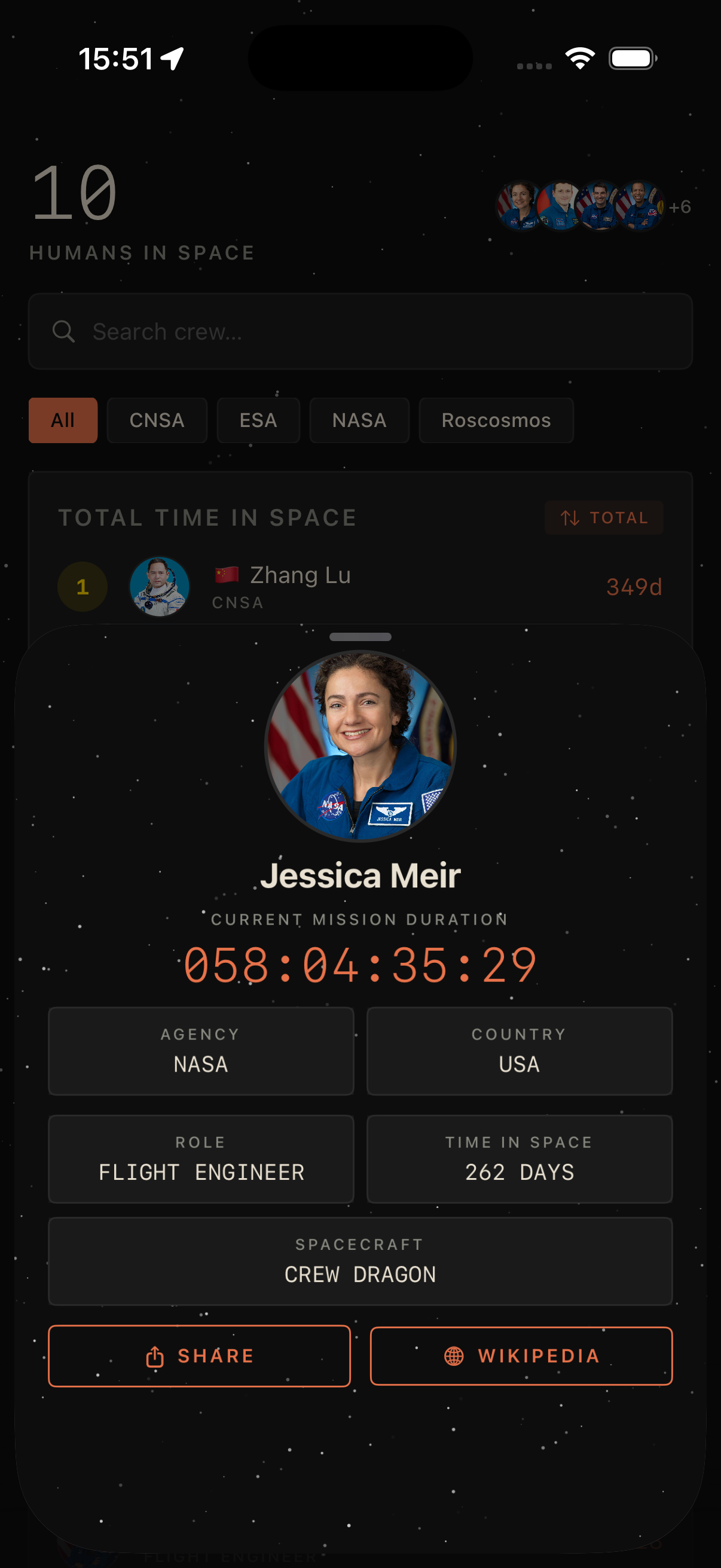 Astro Tracker crew detail screen on iPhone.