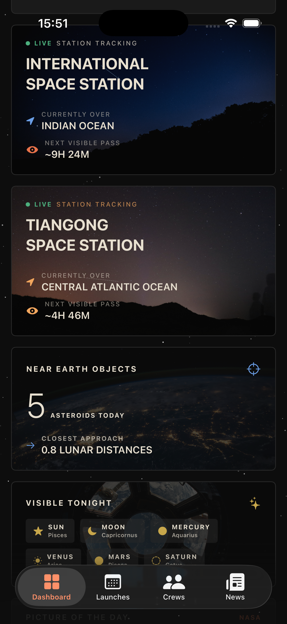 Astro Tracker station tracking cards on iPhone.