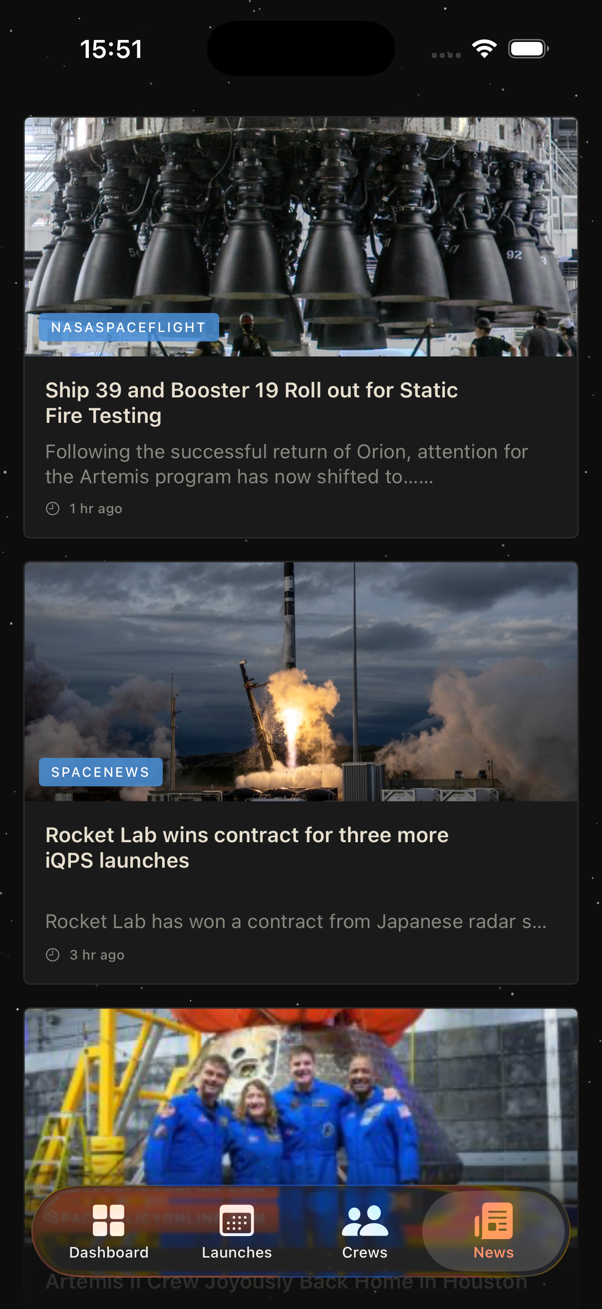 Astro Tracker space news feed on iPhone.